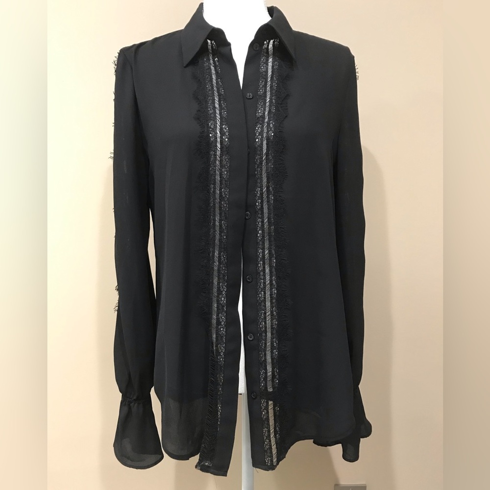 ๐H&M Womanโs Black Silky Polyester Front/Sleeves Lace Adorned, Size 6